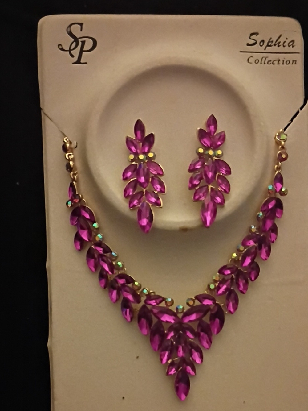 Sophia Collection Fuchsia Crystal Leaf Necklace and Earring Set